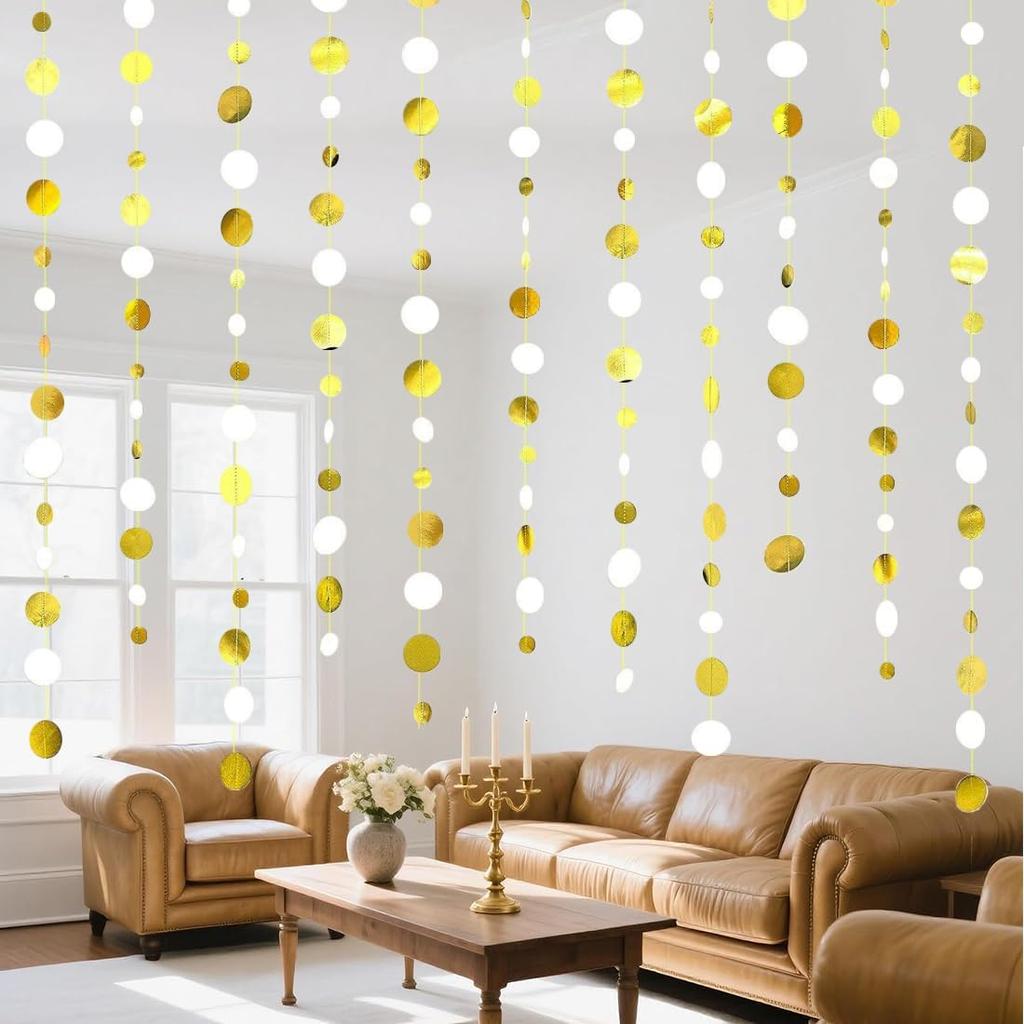 Glitter White and Gold Circle Dots Paper Garland White Gold Circle Dot Streamer 40 Feet Polka Dot Hanging Bunting Banner Backdrop for Birthday