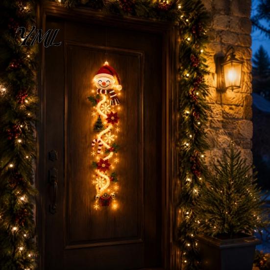 Custom Yarn Craft Ornament Glowing Christmas Door Hanger, Crochet Spiral with LED Lights, Snowman Santa Reindeer Entryway Festive Decor Angel
