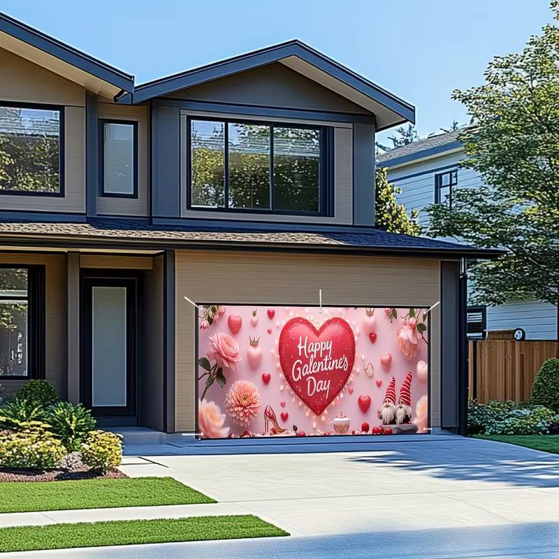 Galentine's Day Garage Door Cover with Pink Floral and Cute Gnome Design
