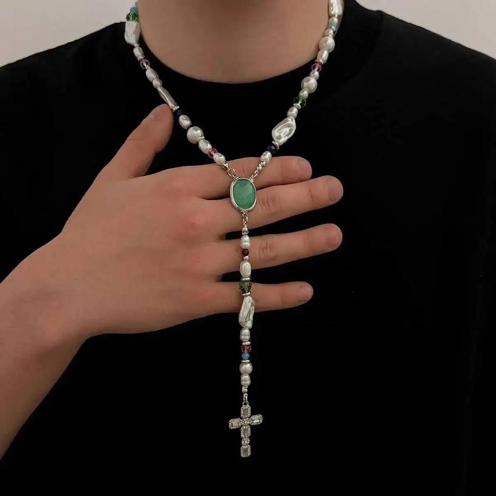 SHIXIN Hiphop Punk Jesus Cross Pendant Necklace for Men Simple Inlay Acrylic Crystal Y Shape Clavicle Chain Party Jewelry Gifts
