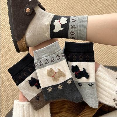 Винтажные носки с щенками в стиле Fair Isle, женские носки до середины икры, универсальные для весны и осени, плюшевые и милые махровые носки, длинные носки