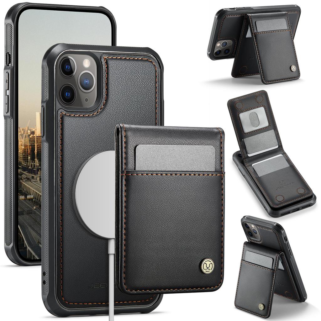 For iPhone 11 Pro Leather Back Cover Compatible with MagSafe JEEHOOD J06 Phone Case with Card Bag RFID Blocking