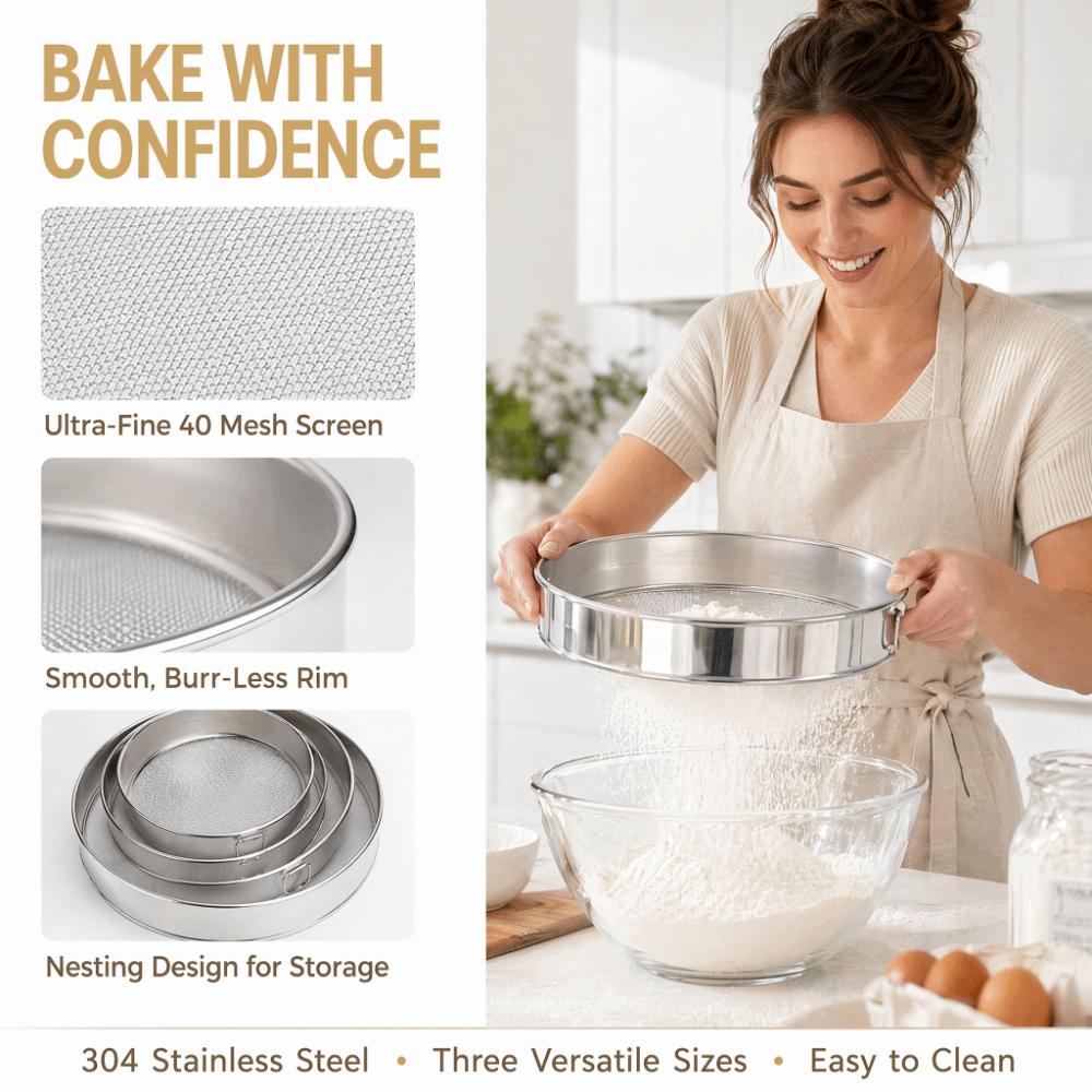 3pcs Fine Mesh Stainless Steel Flour Sifter 40 Mesh Flour Sieve Set Cake Pastry Making