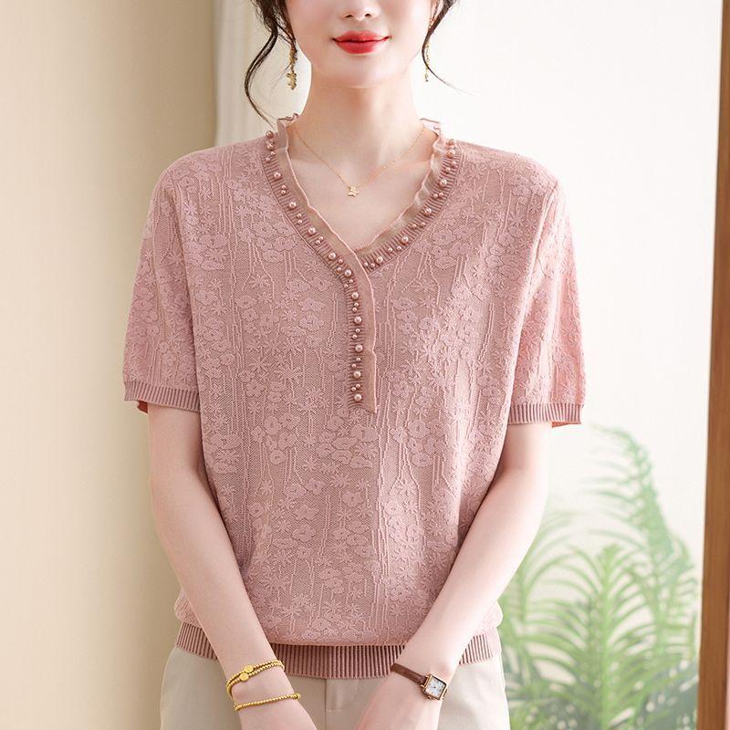 Свободная трикотажная футболка из ледяного шелка для женщин, летний дизайн, стильный новый тонкий фасон, короткий рукав.