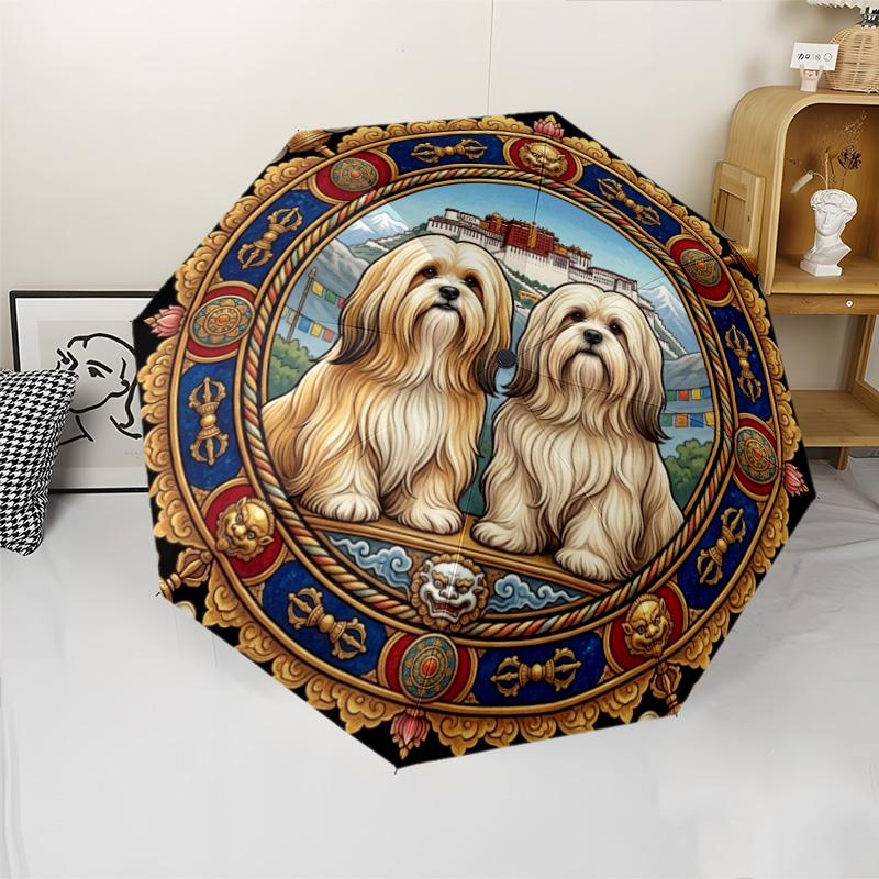 Buddhist Dogs Mandala pattern umbrella, portable and foldable design, 8 ribs, a casual accessory for Halloween, Christmas, and birthday gifts.