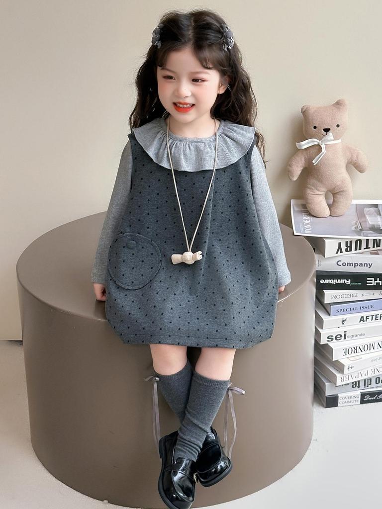 Комплект платья принцессы с рюшами и принтом в горошек для девочек на весну и осень 2025 года - Модный костюм-двойка для детей