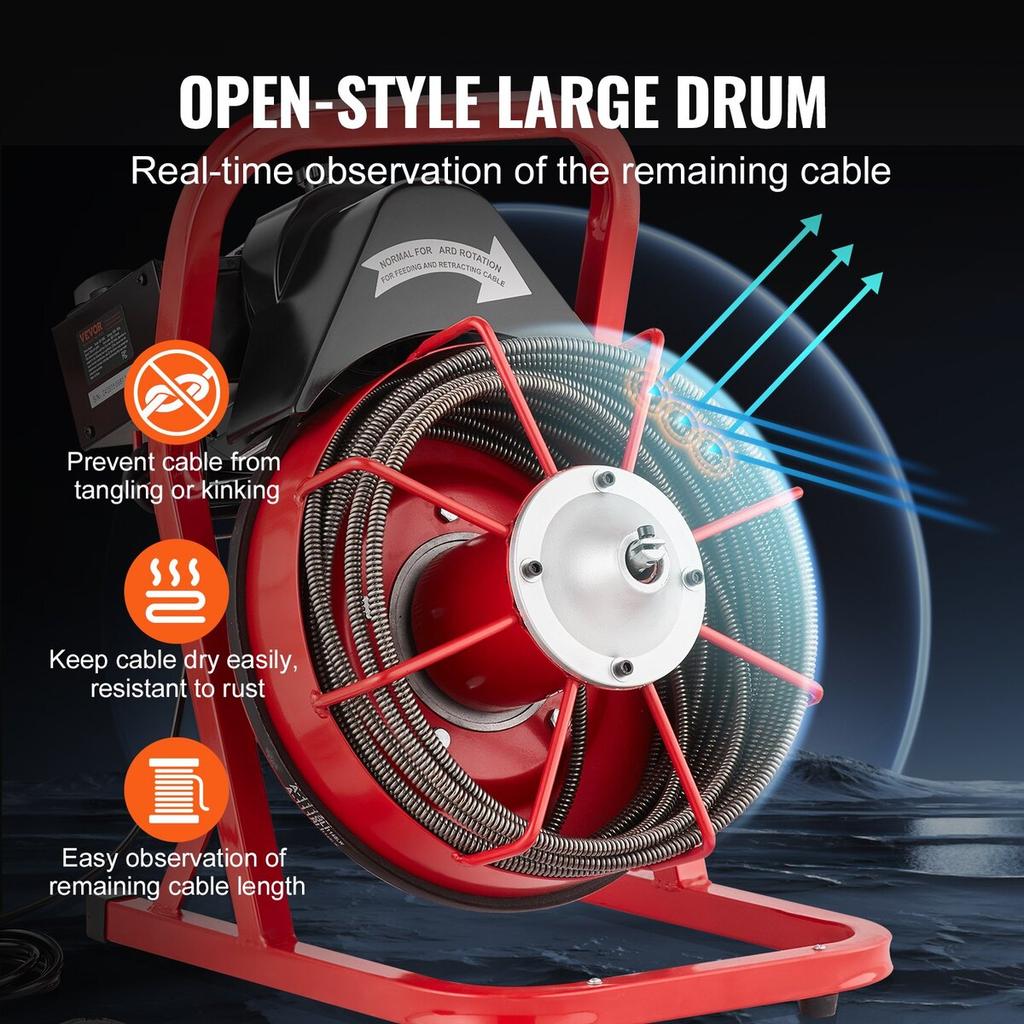 Drain Cleaner Machine Drain Auger 50FT x 3/8 Inch Manual Feed & 4 Cutters