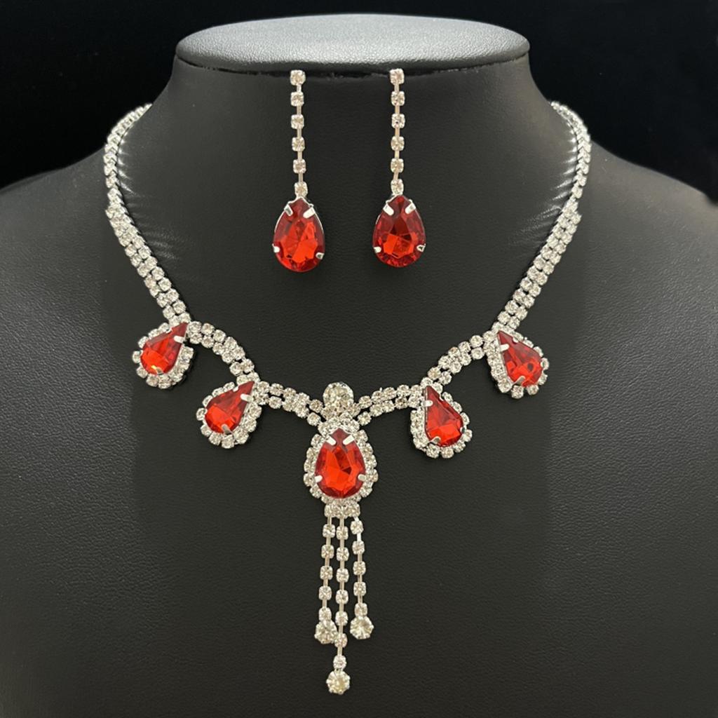 Europe and the United States popular bride jewelry gemstone water drop necklace earrings red series bright diamond jewelry set