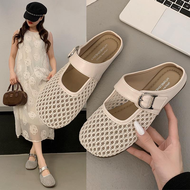 Hollow with Skirt Sandals 2025 Summer New Flat-bottomed Mesh Half-drag Breathable Bag Head Slippers
