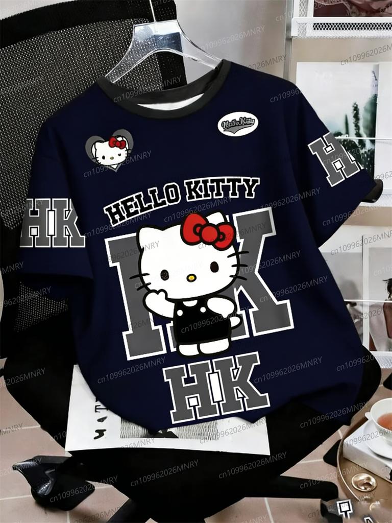Футболка Hello Kitty Летняя Мужская Футболка Женская Футболка Повседневная Спортивная Футболка с 3D-печатью Девочка Круглый Вырез Футболка для Активного Отдыха