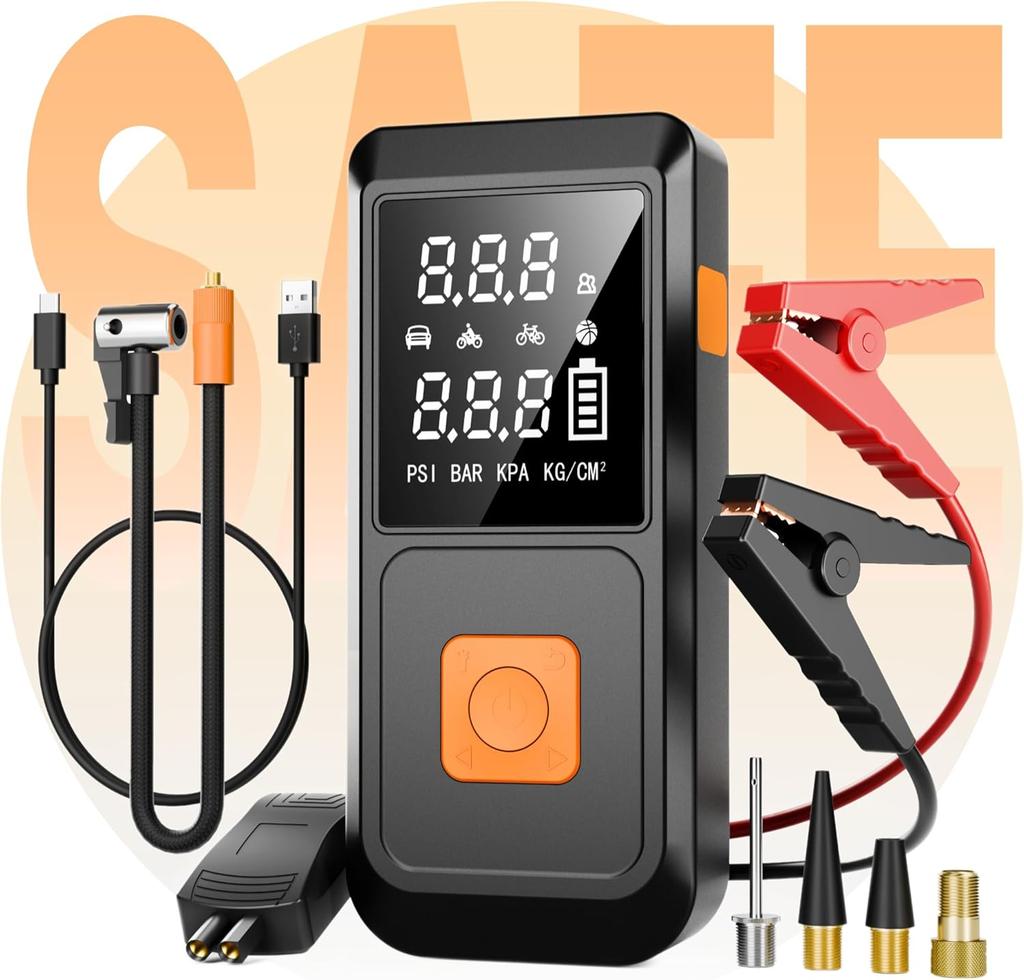 Пусковое устройство для автомобильного аккумулятора с воздушным компрессором 150 фунтов на кв. дюйм, Портативное, 12 В, Пусковая коробка для аккумулятора с интеллектуальными пусковыми проводами, Отображение давления в шинах