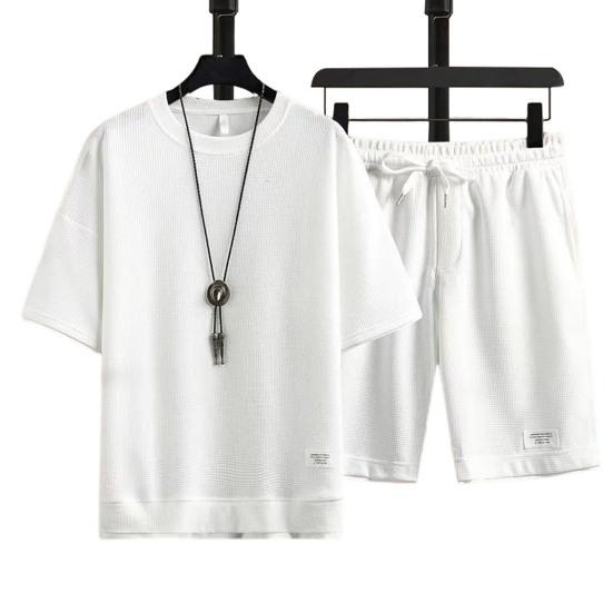 2024Повседневный наряд, модный повседневный наряд длиной до колена на шнурке, футболка с вафельной текстурой, широкие шорты, наряд для отдыха, повседневная одежда