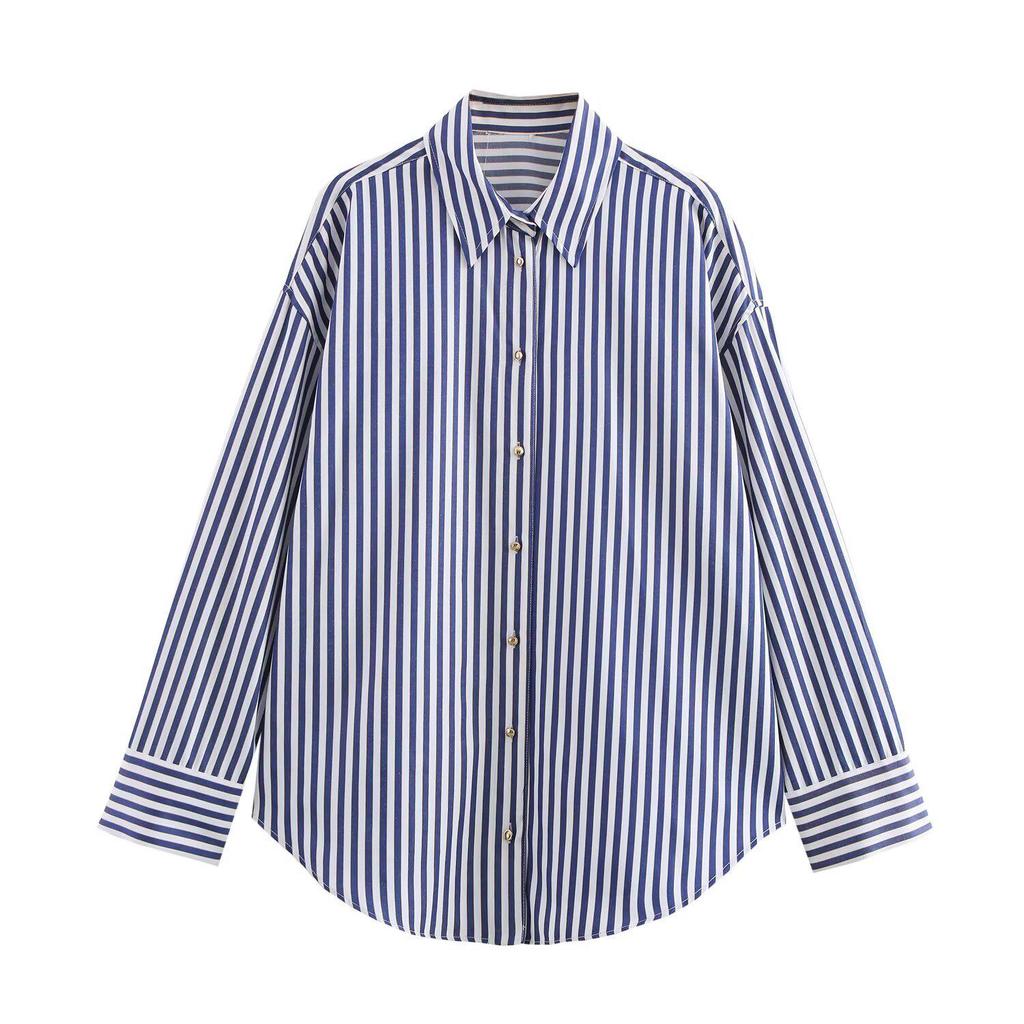 2025 Spring Women's Metallic Thread Striped Long Sleeve Shirt - Euro-American Style