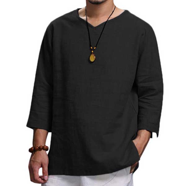 Men's Long Sleeve V-neck Cotton Linen Loose Shirt