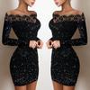Женская мода, черное с открытыми плечами, блестящее контрастное кружевное облегающее платье, вечернее платье с длинным рукавом, халат на бедрах, Клубные платья, большие размеры