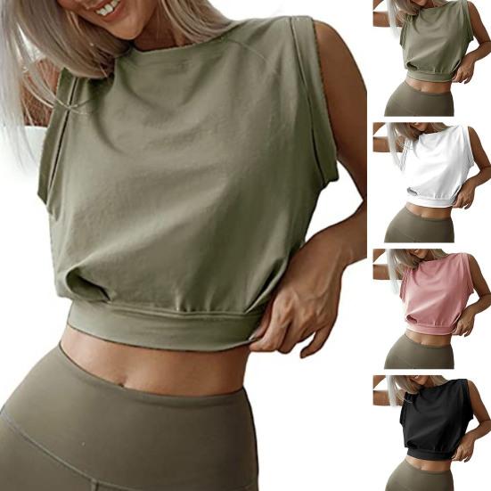 Women Summer Crop Top Sleeveless Round Neck Solid Color Slim Fit Pullover Short Length Fitness Sports Female Clothing