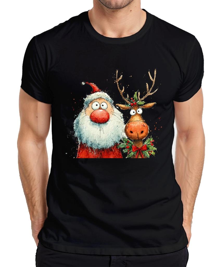 Funny Santa Claus and Reindeer Watercolour Christmas Gift Mens T-Shirt-