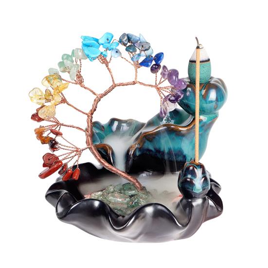 Waterfall Incense Burner Faux Crystal Stone Lucky Tree Resin Ornament Handicraft Incense Cone Holder for Room Home Zen Decoration Meditation