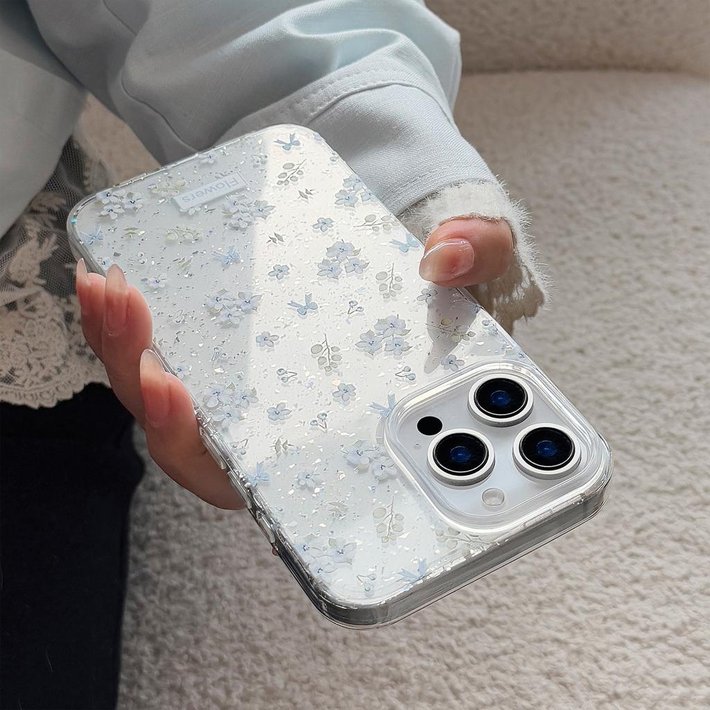 Gentle Blue Floral Suitable for Apple 16 Promax Mobile Phone Case 17 Fresh and Beautiful Iphone14 Glitter 11 Transparent