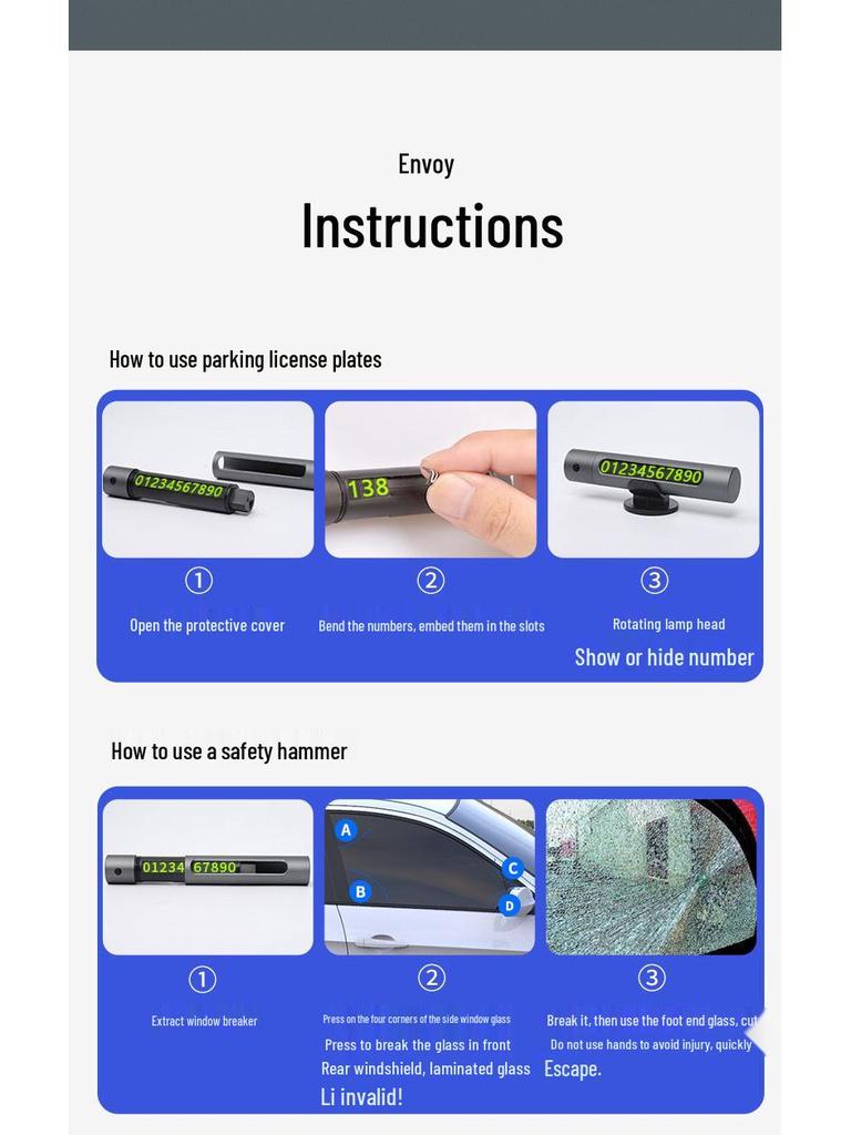 Многофункциональный автомобильный аварийный молоток и стеклобой с табличкой для номера парковки