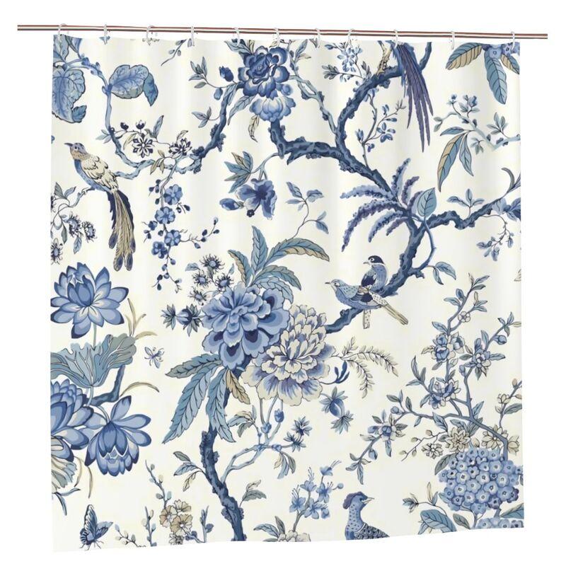 Blue and White Chinoiserie Shower Curtain with Hooks Waterproof Washable Fabric Bath Curtain with Bird and Flower Pattern for Outdoor Decor