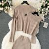 Autumn Winter Women Elegant Gold Button Knitted Sweater 3 Piece Set Single Breasted Jacket Coat Vest Long Midi Sheath Skirt Outfits