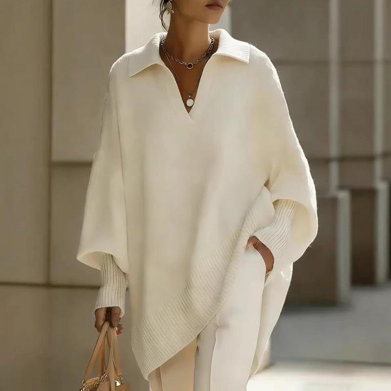 Womens Solid Color Long Sleeve Turn-Down Collar Sweater Loose Fit Casual Knit Top