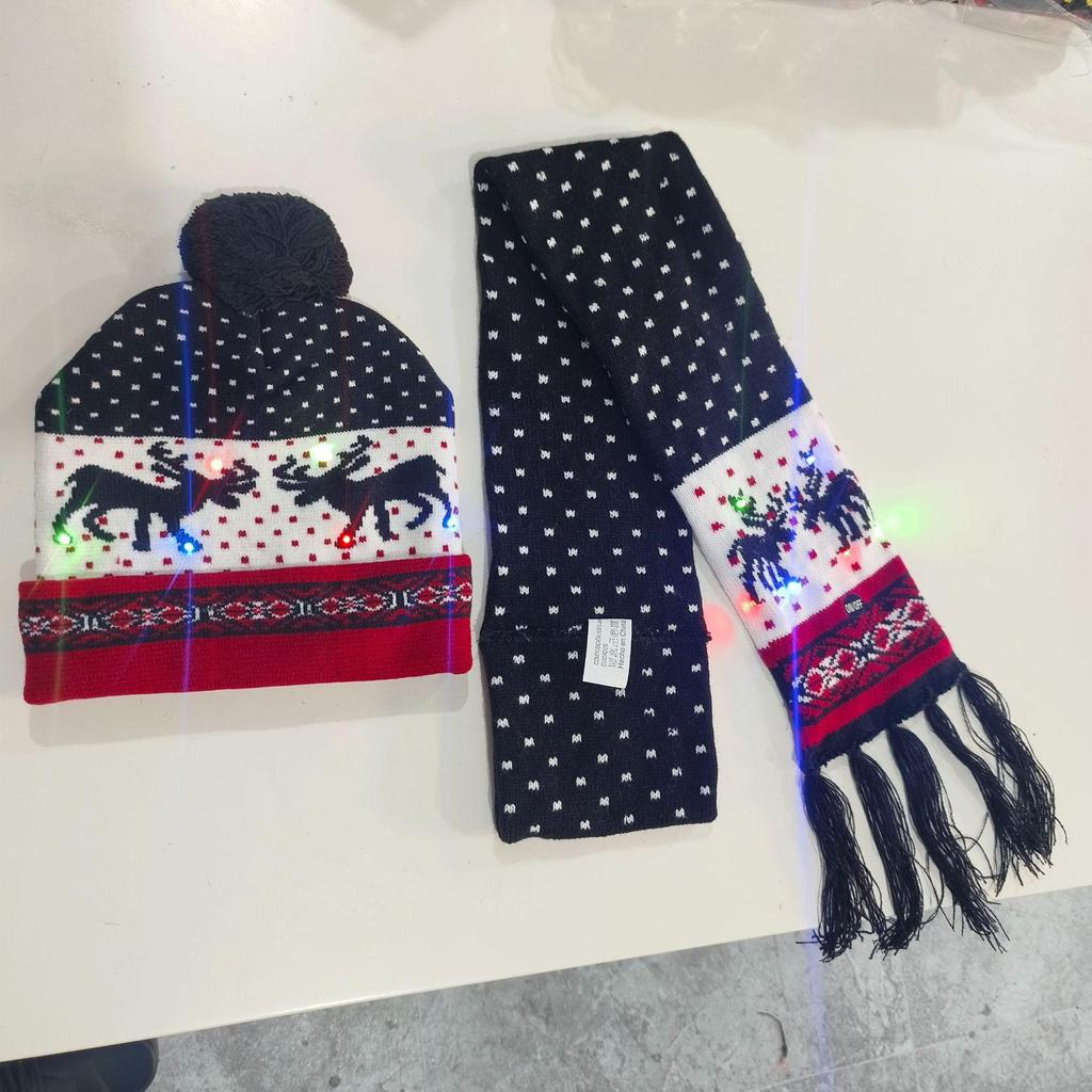LED Light-Up Elk Jacquard Knit Hat & Scarf Set for Christmas & New Year.
