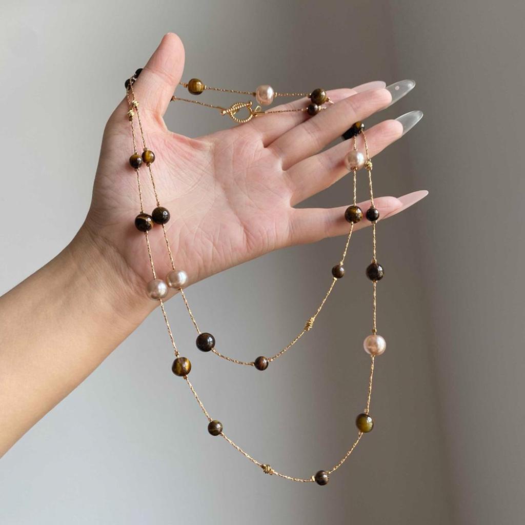 High-End Retro Tiger Eye Pearl Sweater Necklace for Women