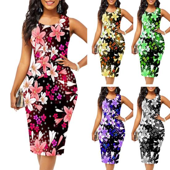 Летнее женское платье без рукавов с красочным цветочным принтом и круглым вырезом, облегающее платье длиной до колена, банкетное вечернее платье миди для отдыха