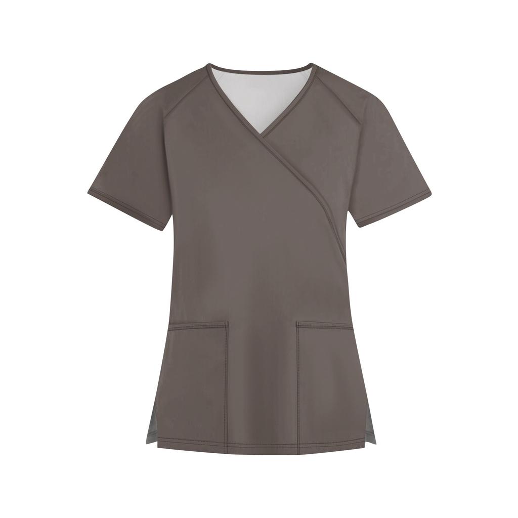 Женская мода однотонная рабочая одежда с v-образным вырезом и короткими рукавами с карманами, топы