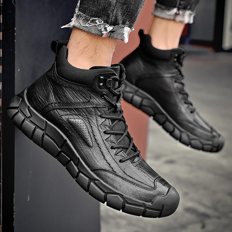 Fashion New Mens Motorcycle Boots Genuine Leather Boots Retro Style Basic Boots Men Casual Warm Snow Sneakers Non-slip Walking Shoes