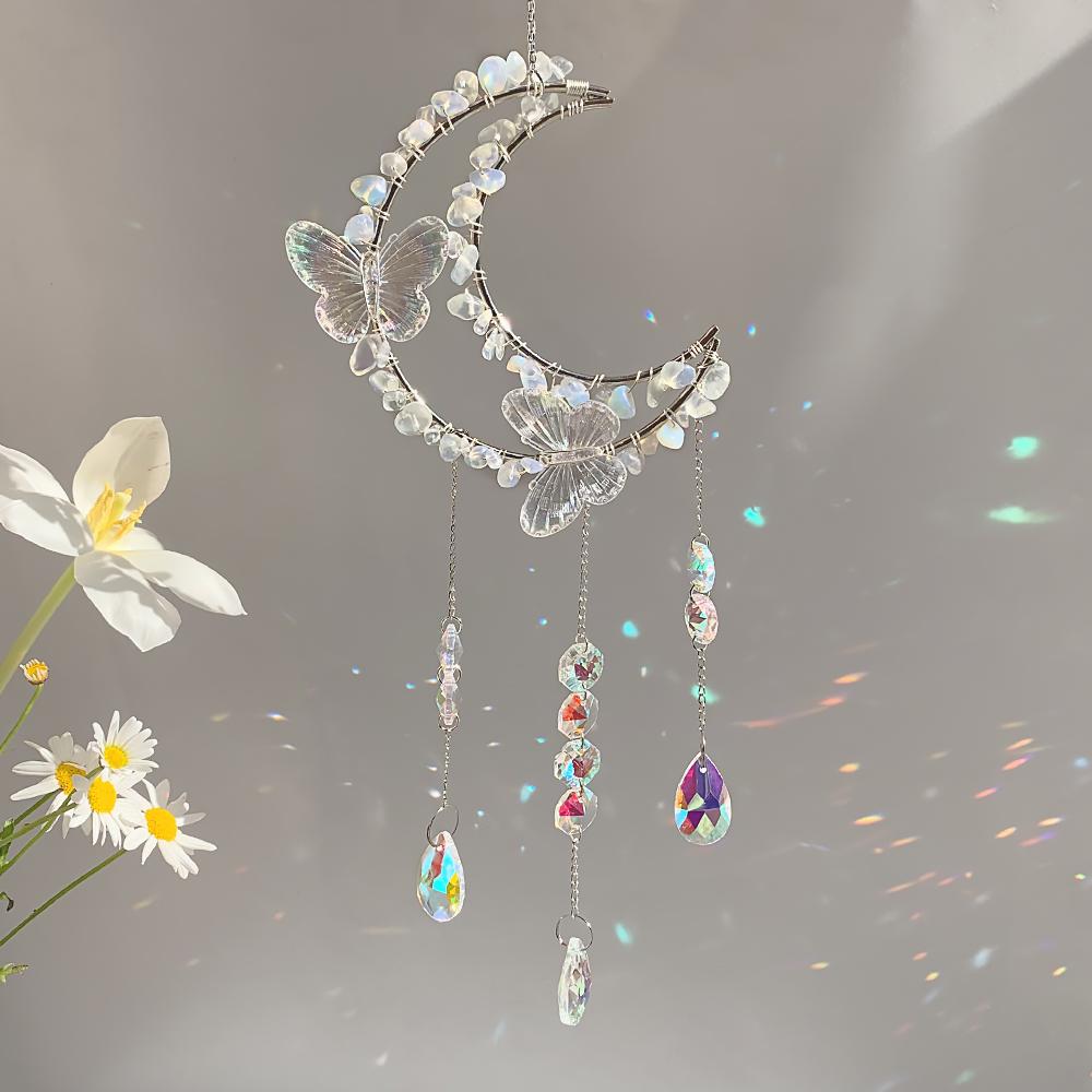 Butterfly Moon Crystal Suncatcher with Natural Gemstone Chips Rainbow Prism Window Hanging Ornament