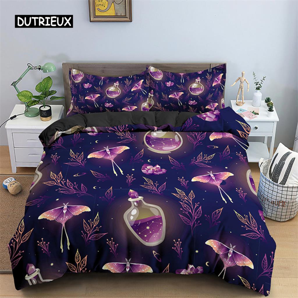 Комплект постельного белья с бабочками, полный размер King Size, хиппи, бохо, моль, пододеяльник из микрофибры, анималистичный, ботанический, психоделический, звездное небо, пододеяльник