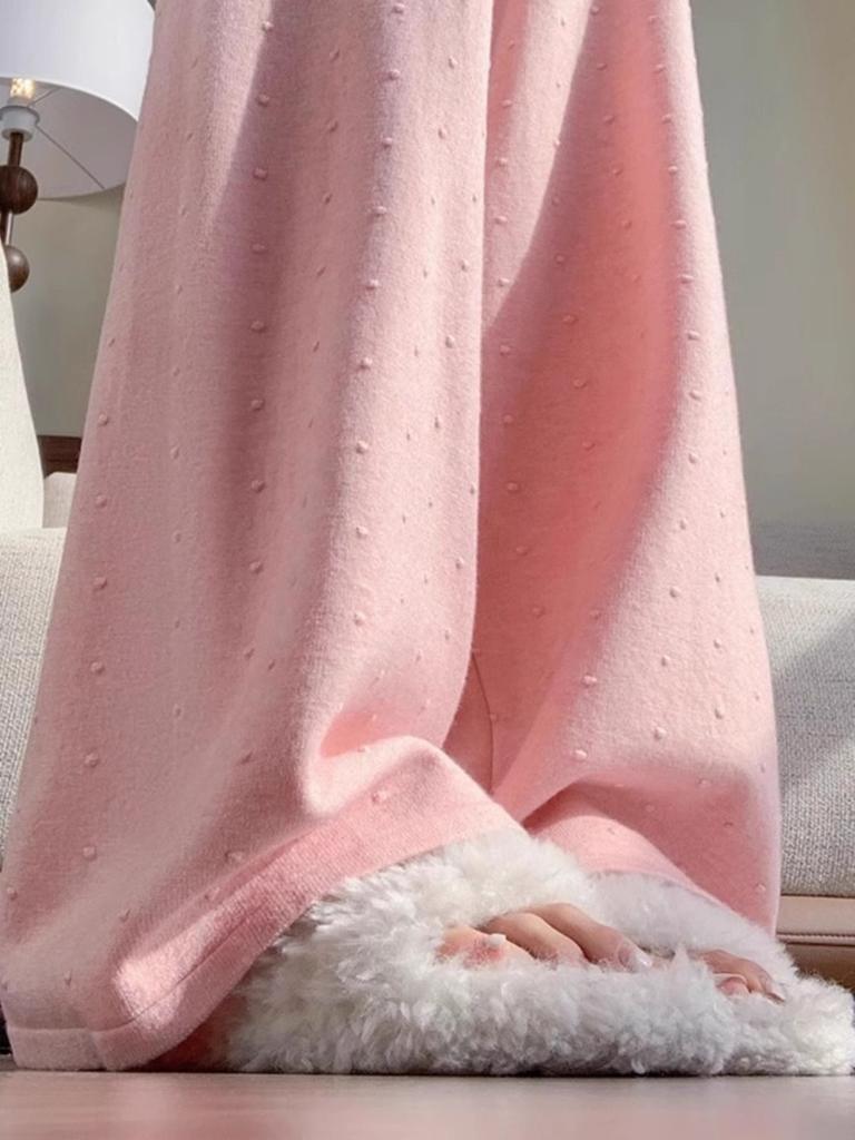 Вязаные брюки широкие штанины для женщин на осень и зиму, ленивый стиль, высокая посадка, свободные прямые штанины, мягкие рисового цвета, длиной до пола