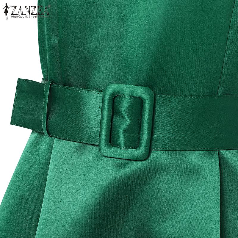 ZANZEA Women Vintage Square Neck Sleeveless Belt Dresses
