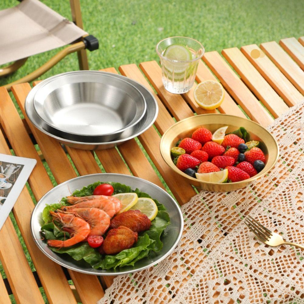 4PCS/SET Stainless Steel Outdoor Dining Plate Bowl Straw Hat Design Dessert Plate Easy To Clean