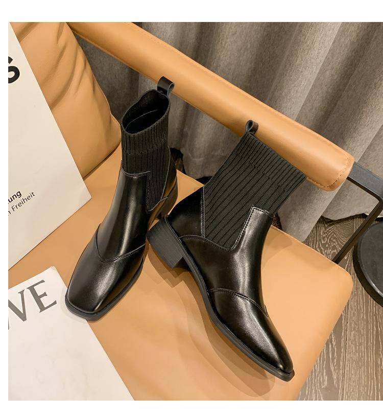 Женские сапоги из натуральной кожи, короткие эластичные сапоги на толстом каблуке, новые осенне-зимние вязаные сапоги-носки с квадратным носком, женская обувь