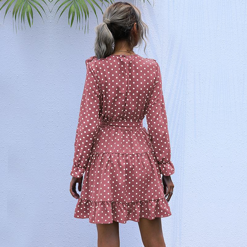 YYFS Женские винтажные летние весенние повседневные платья в горошек с длинным рукавом и круглым вырезом с высокой талией