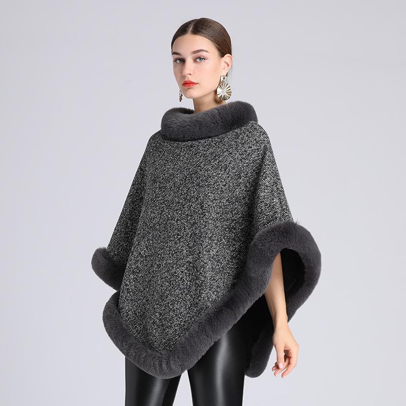 Vintage Knit Faux Fur Trim Poncho Solid-Color Sleeveless Coat Women Winter Thicken Lining Pullover Wraps Cloak Warm Shawl for Female