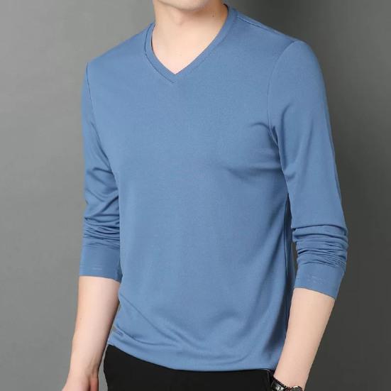 Men Fall Spring Top V Neck Long Sleeves Pure Color Slim Fit