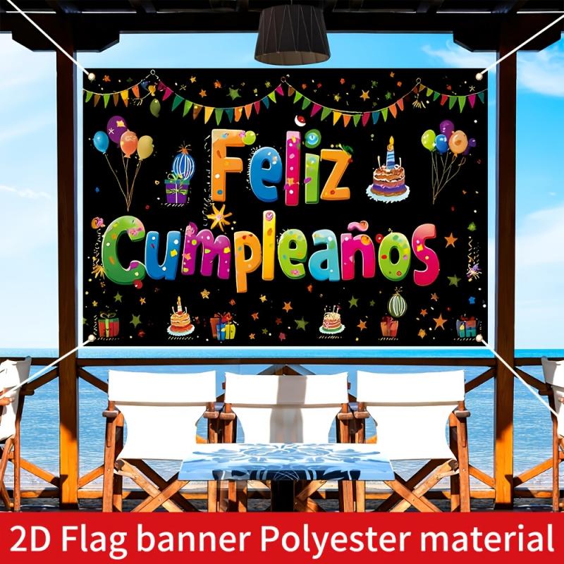 1 piece, 2D flat design, 1 Spanish birthday party backdrop with "Happy Birthday" text, indoor/outdoor room decoration, wsj