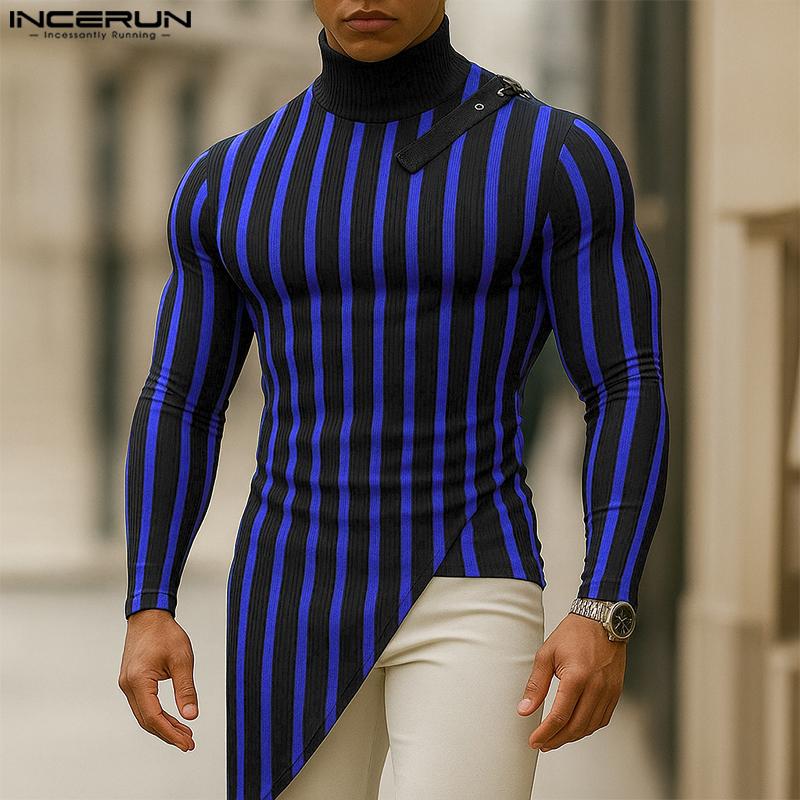 INCERUN Autumn Men's High Neck Long Sleeve Patchwork Striped Irregular Casual T-shirts Undershirts