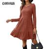 Autumn and Winter Women's Dresses Striped Round Neck Knit Sweater Long Sleeve Dress