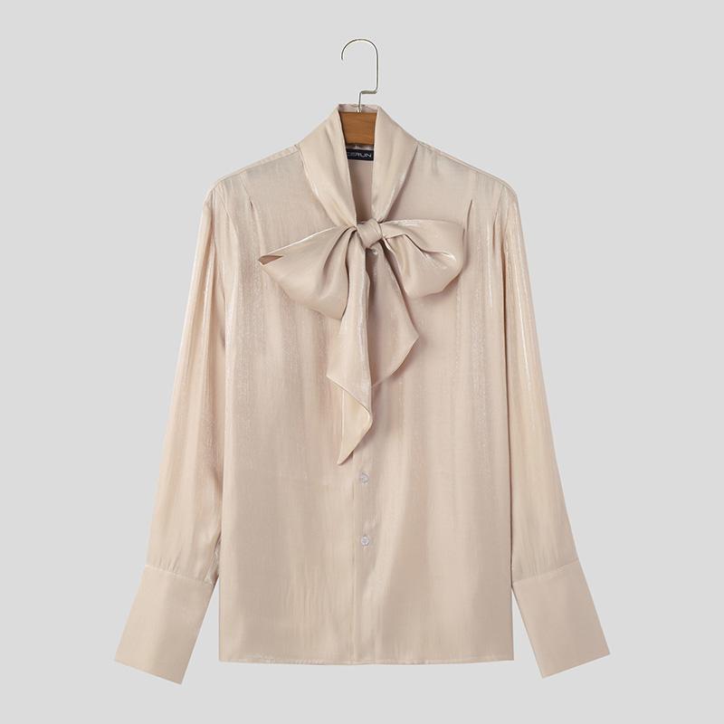 INCERUN Мужские атласные рубашки большого размера с бантом на шнуровке и длинными рукавами