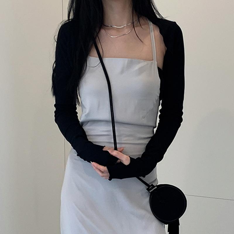 Женский болеро с длинным рукавом и отверстием для большого пальца, однотонный укороченный кардиган с открытым передом, облегающий облегающий жакет с солнцезащитным экраном