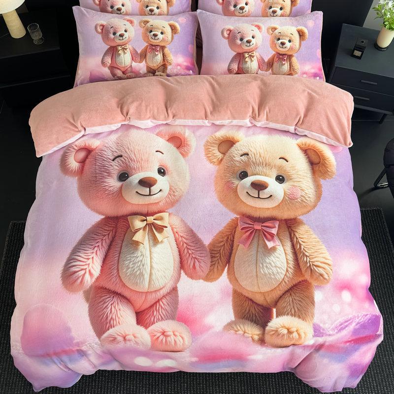 Четырехпредметный комплект из молочного флиса, большая версия, цифровая печать, милый мультяшный, одинарный, двуспальный пододеяльник, комплект из трех предметов с шапкой для кровати
