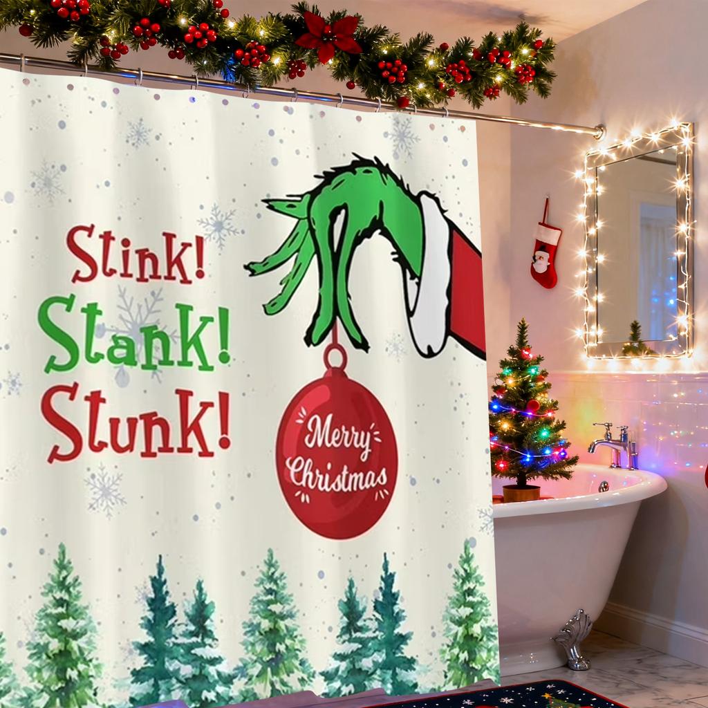 Christmas Themed Shower Curtain, 180x180cm Festive Bathroom Decor With Snowflakes, Trees & Merry Christmas Ornament Design, Fabric Curtain