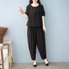 Женский комплект из хлопка и льна, повседневный комплект из 2 предметов: топ с короткими рукавами, круглым вырезом и длинными брюками с карманами, летний свободный домашний костюм