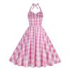1950S Women Pink Plaid Sleeveless Dress Lace-up Bowknot Halter Hidden Zipper Skater Hem